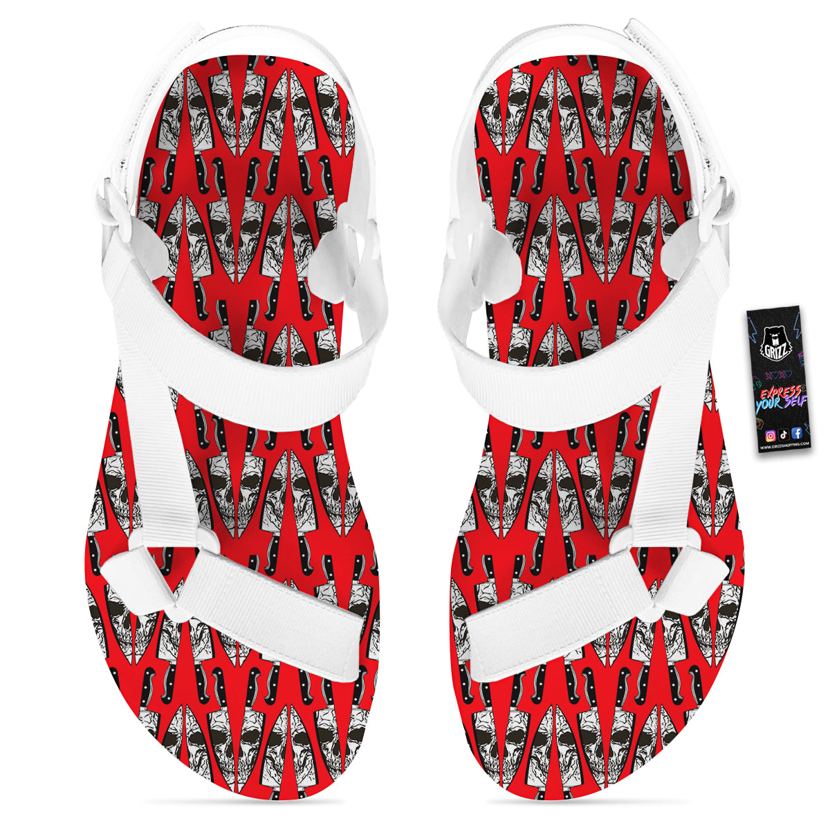 Skull Face Reflection Knife Print Pattern White Open Toe Sandals-grizzshop