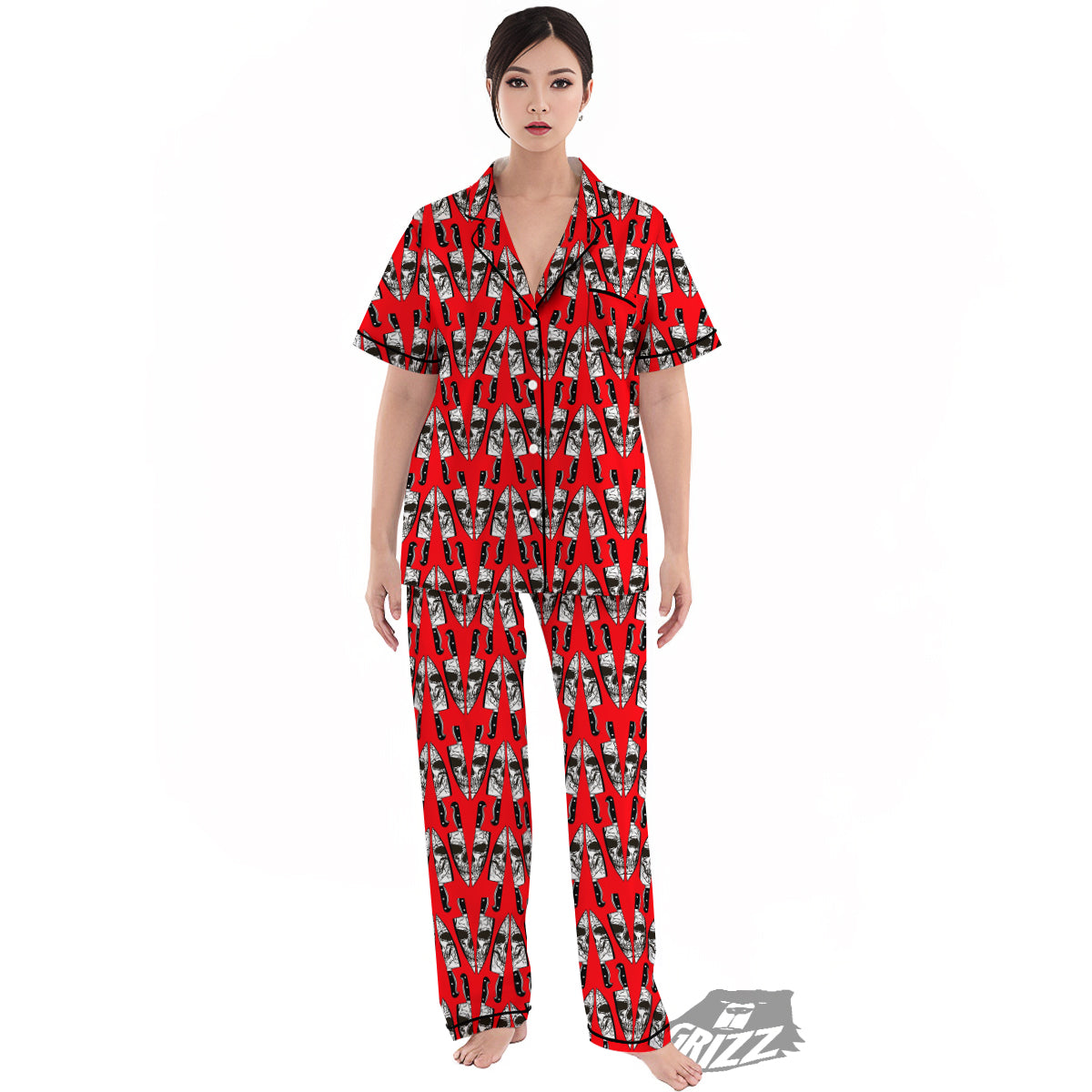 Skull Face Reflection Knife Print Pattern Women's Pajamas Set-grizzshop