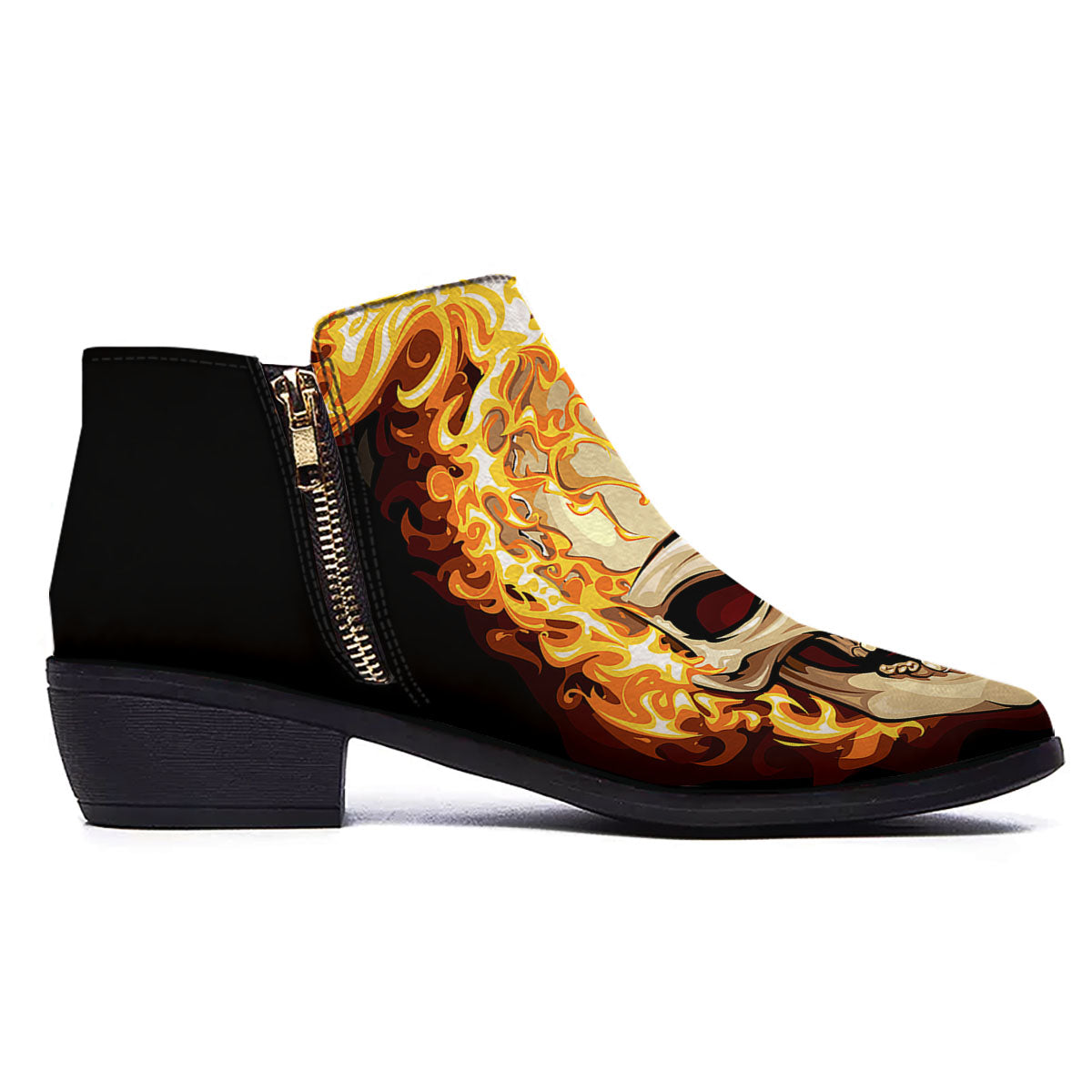 Skull Fire Print Ankle Boots-grizzshop