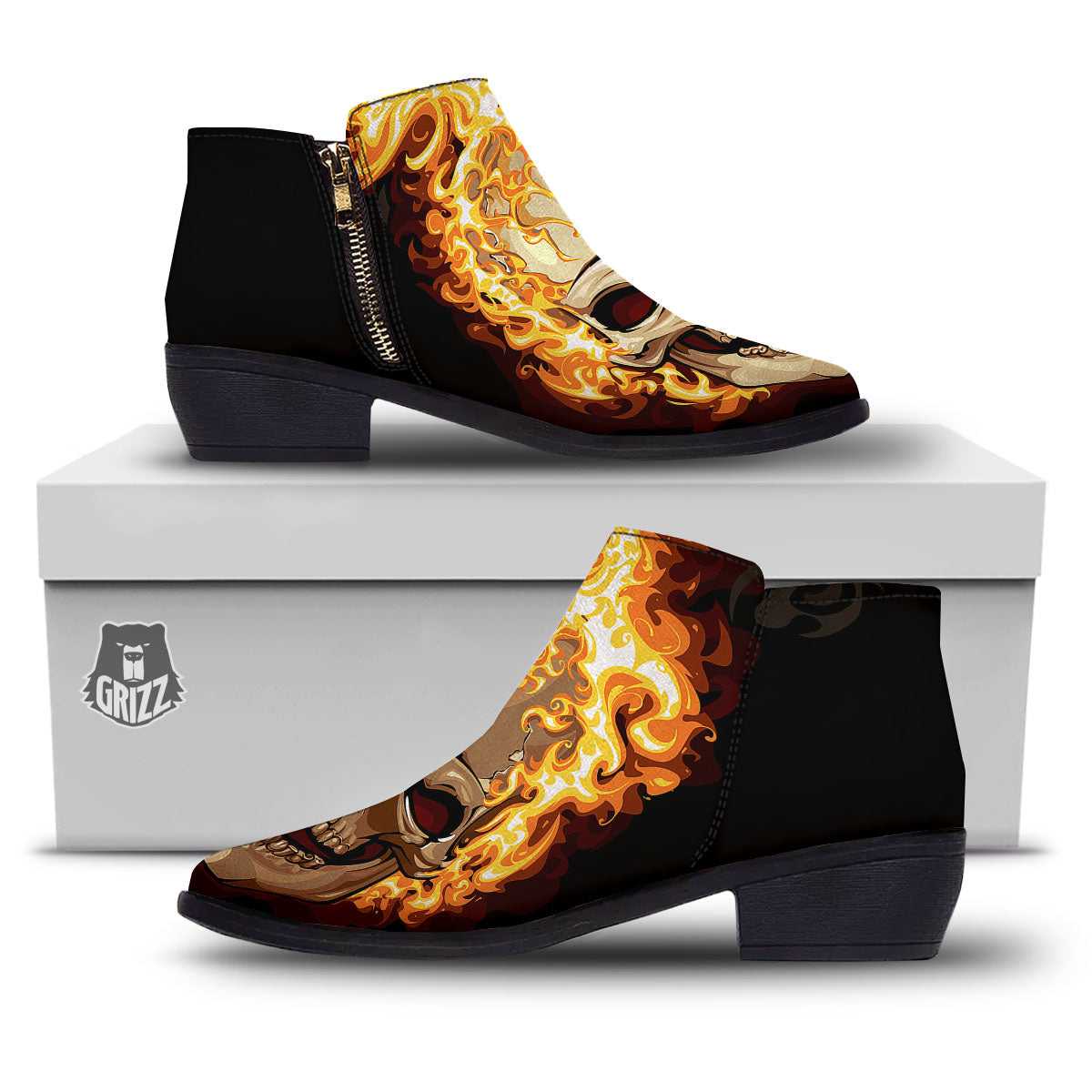 Skull Fire Print Ankle Boots-grizzshop