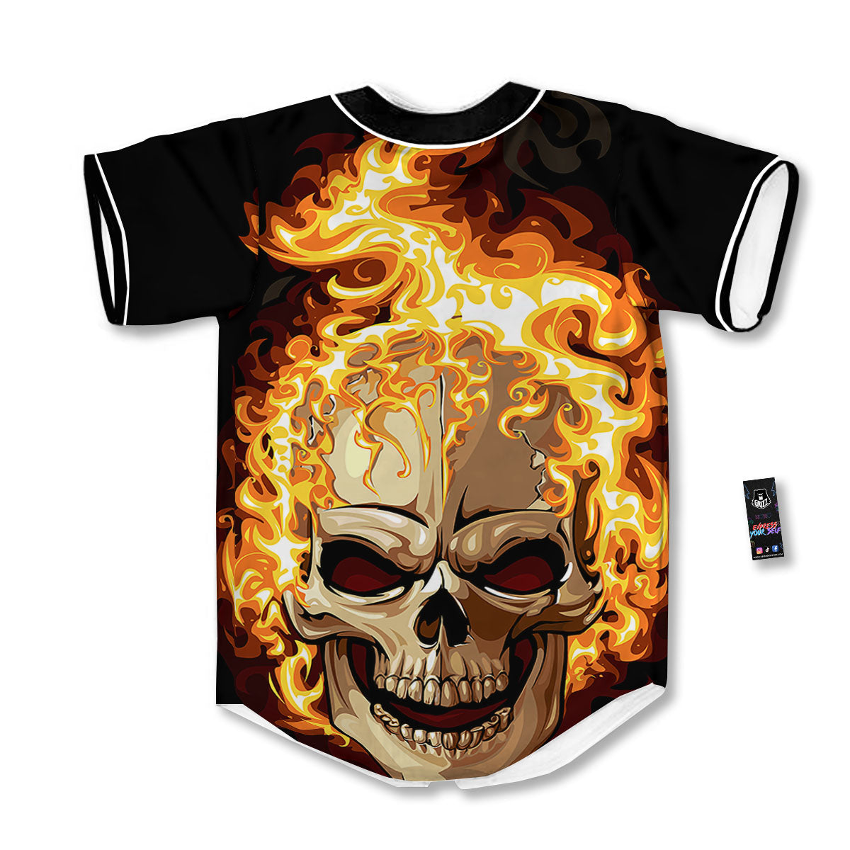 Skull Fire Print Baseball Jersey-grizzshop