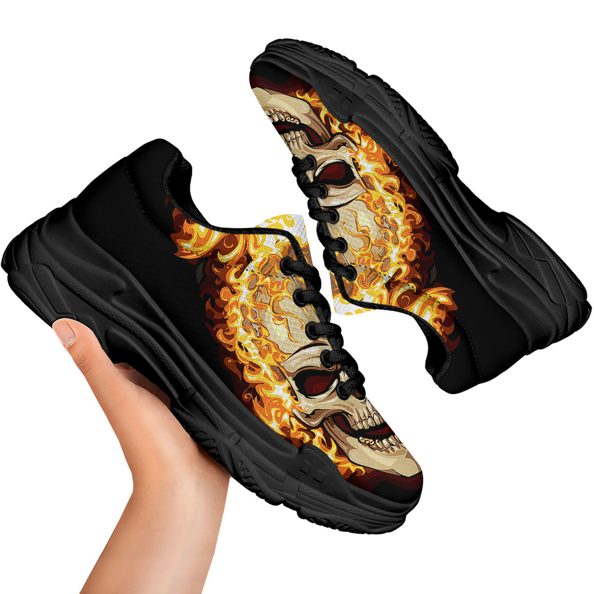 Skull Fire Print Black Chunky Shoes-grizzshop