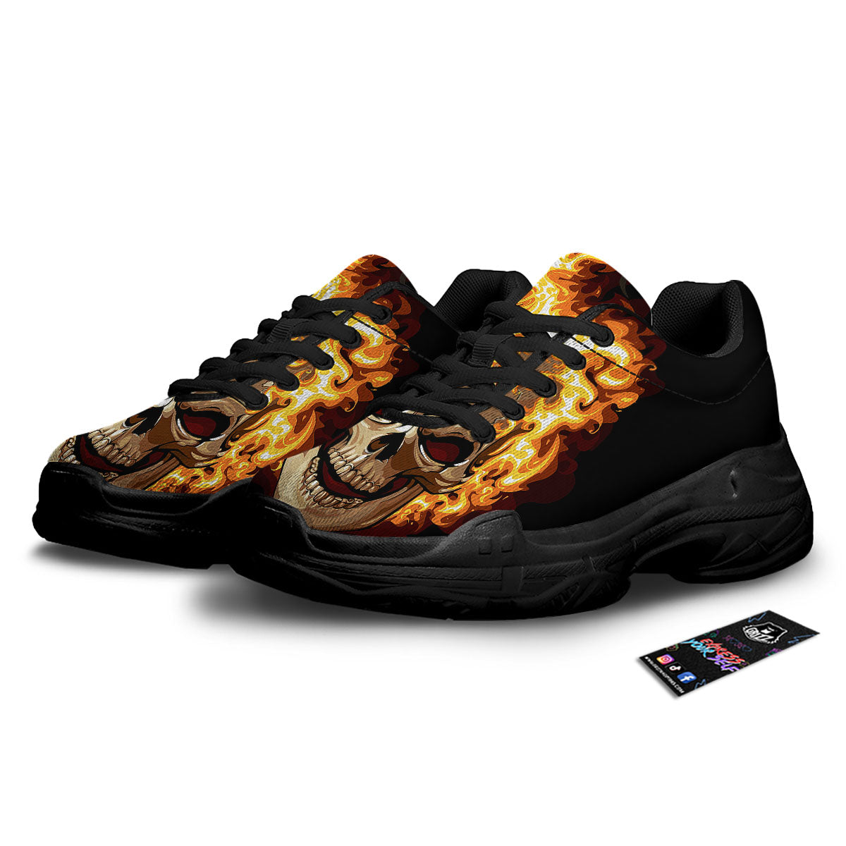 Skull Fire Print Black Chunky Shoes-grizzshop