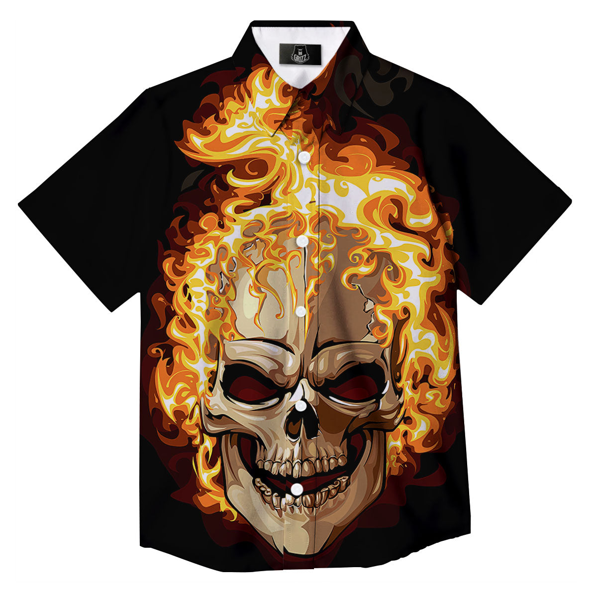 Skull Fire Print Button Up Shirt-grizzshop