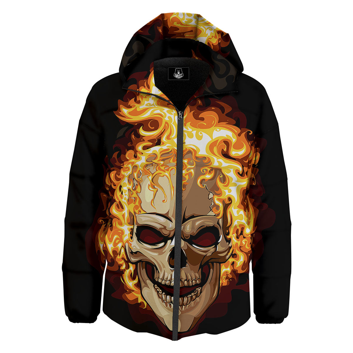 Skull Fire Print Down Jacket-grizzshop