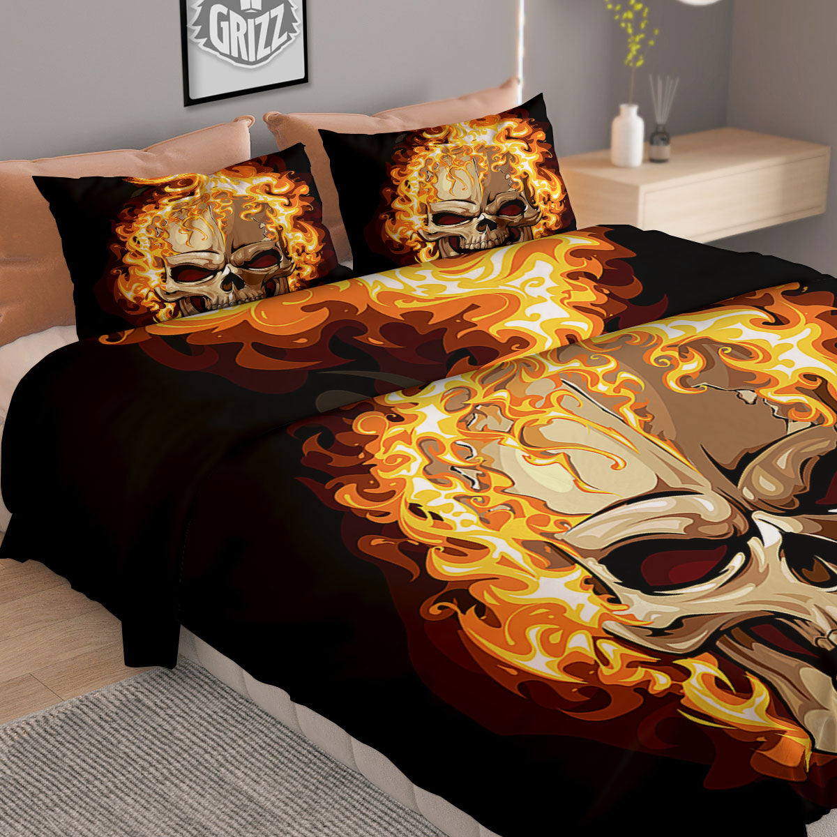 Skull Fire Print Duvet Cover Bedding Set