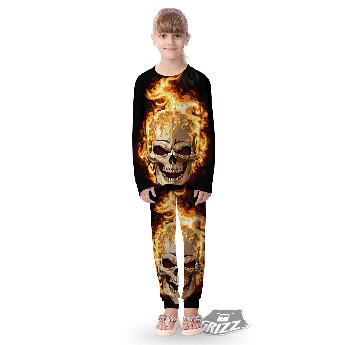 Skull Fire Print Kid's Pajamas-grizzshop