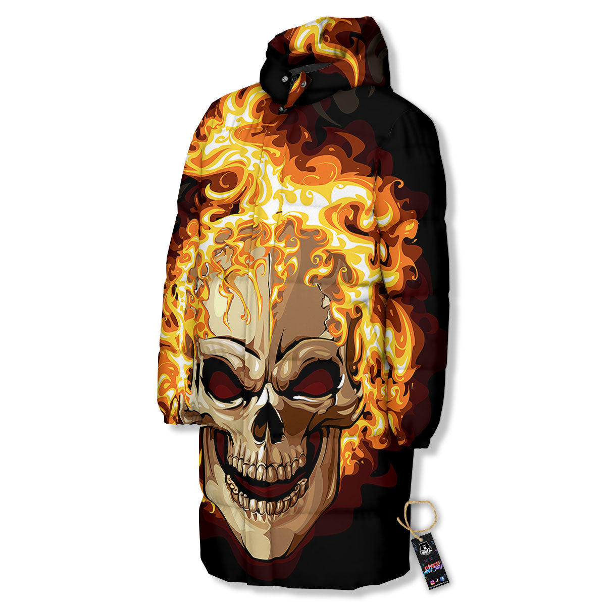 Skull Fire Print Long Down Jacket-grizzshop