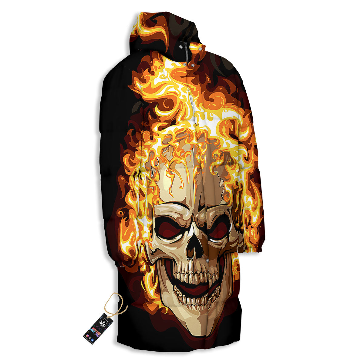 Skull Fire Print Long Down Jacket-grizzshop