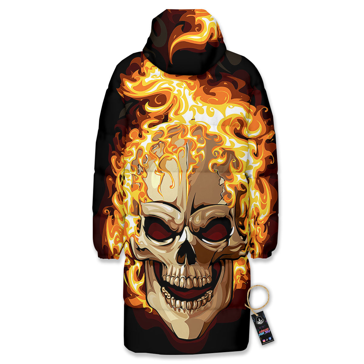 Skull Fire Print Long Down Jacket-grizzshop