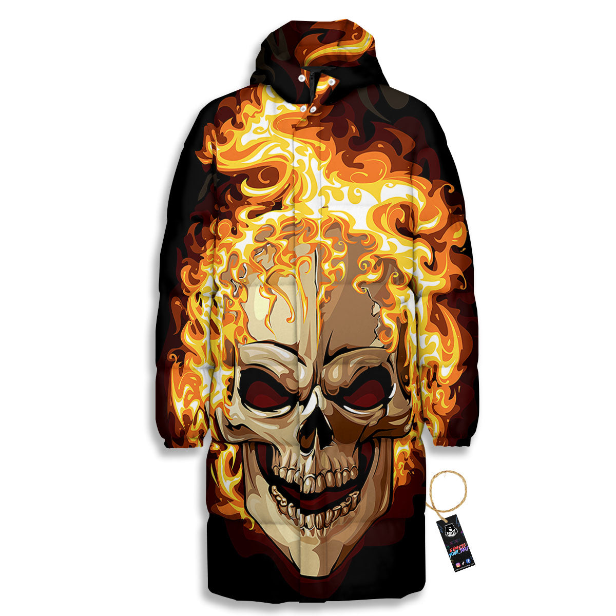 Skull Fire Print Long Down Jacket-grizzshop