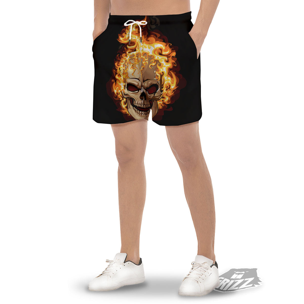 Skull Fire Print Men's Gym Shorts-grizzshop