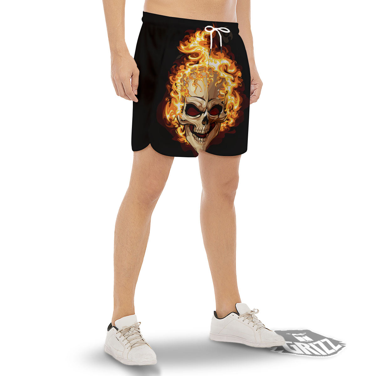 Skull Fire Print Men's Gym Shorts-grizzshop