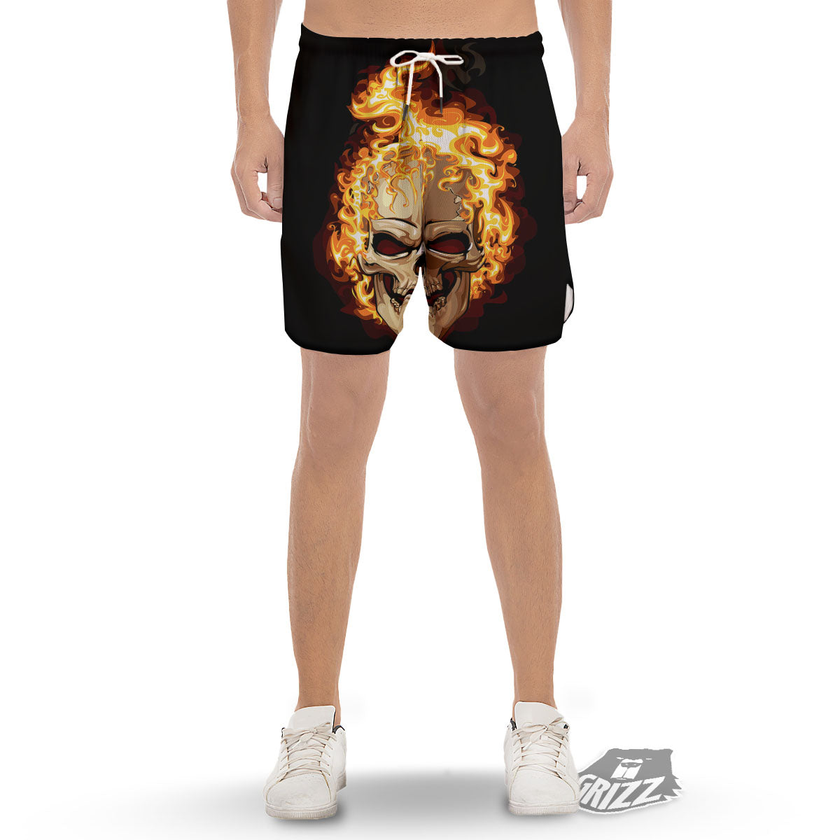 Skull Fire Print Men's Gym Shorts-grizzshop