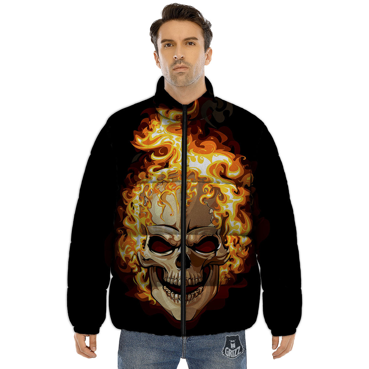 Skull Fire Print Puffer Jacket-grizzshop