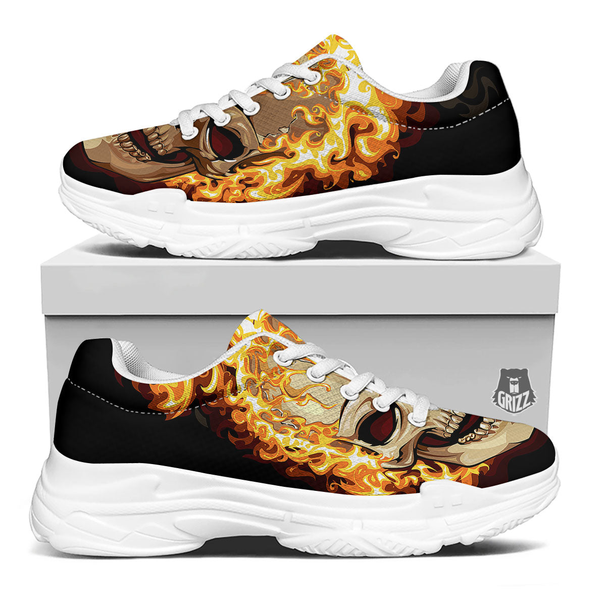 Skull Fire Print White Chunky Shoes-grizzshop