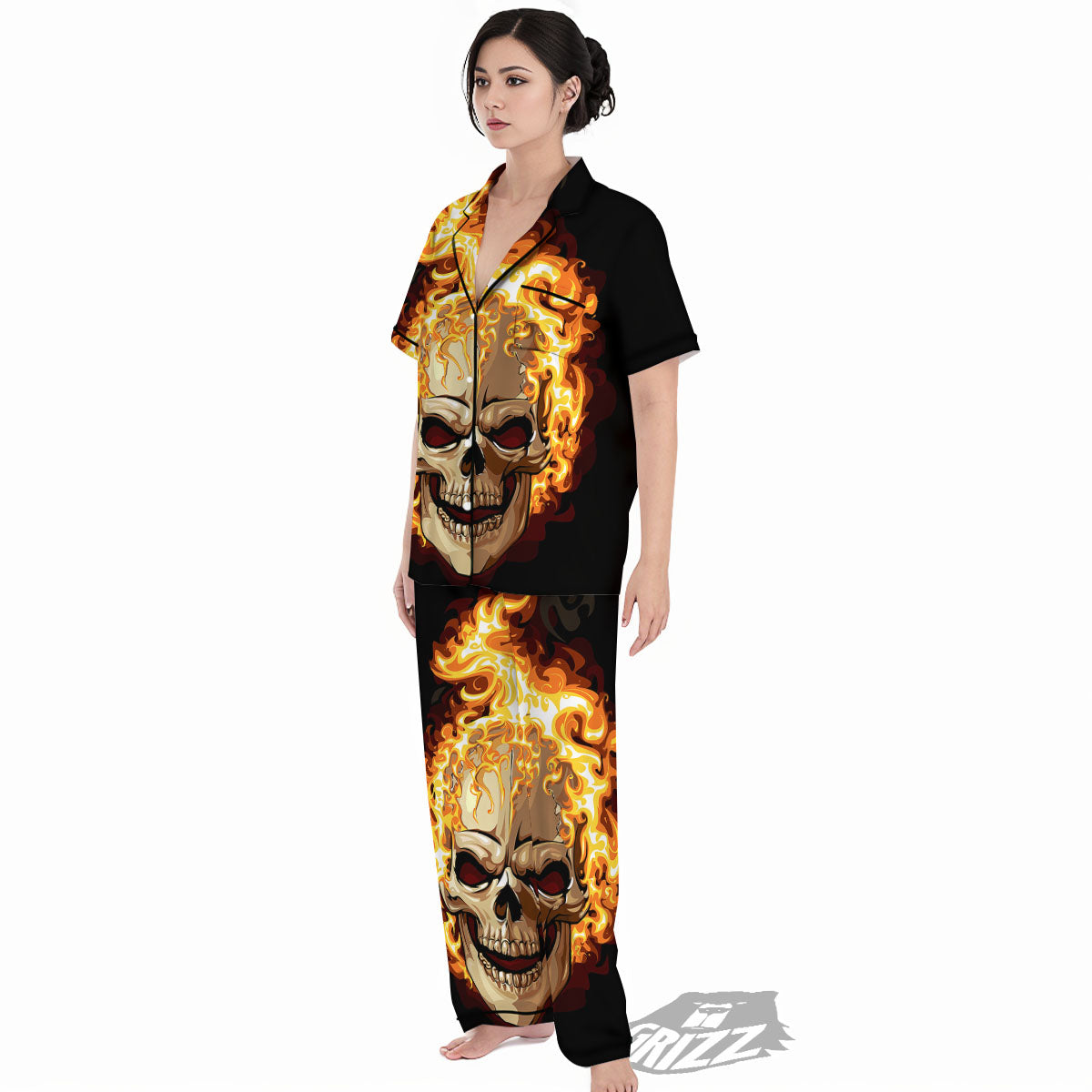 Skull Fire Print Women's Pajamas Set-grizzshop