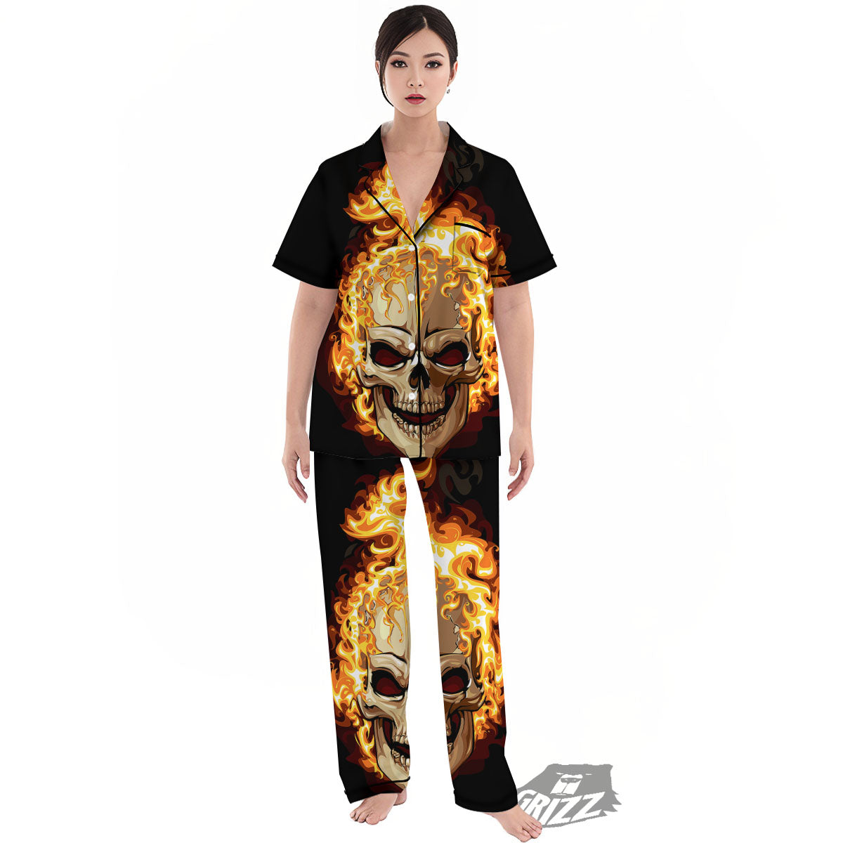 Skull Fire Print Women's Pajamas Set-grizzshop