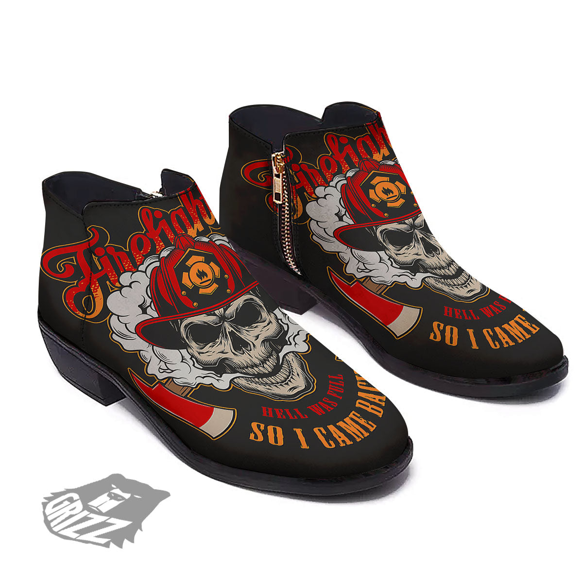 Skull Firefighter Department Print Ankle Boots-grizzshop