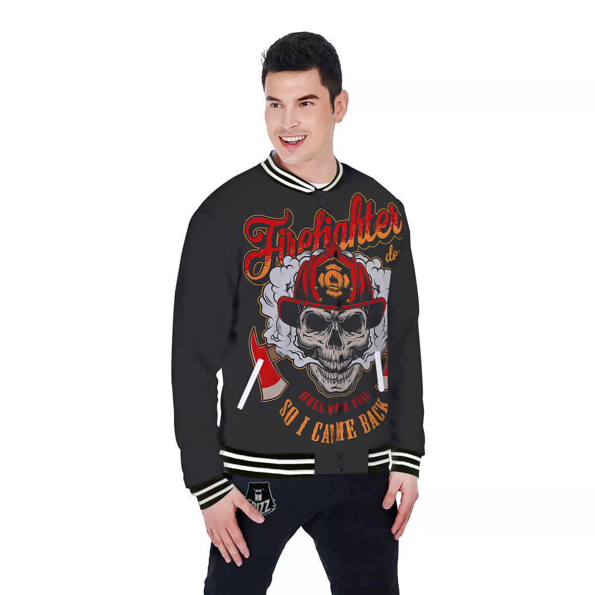 Skull Firefighter Department Print Baseball Jacket-grizzshop