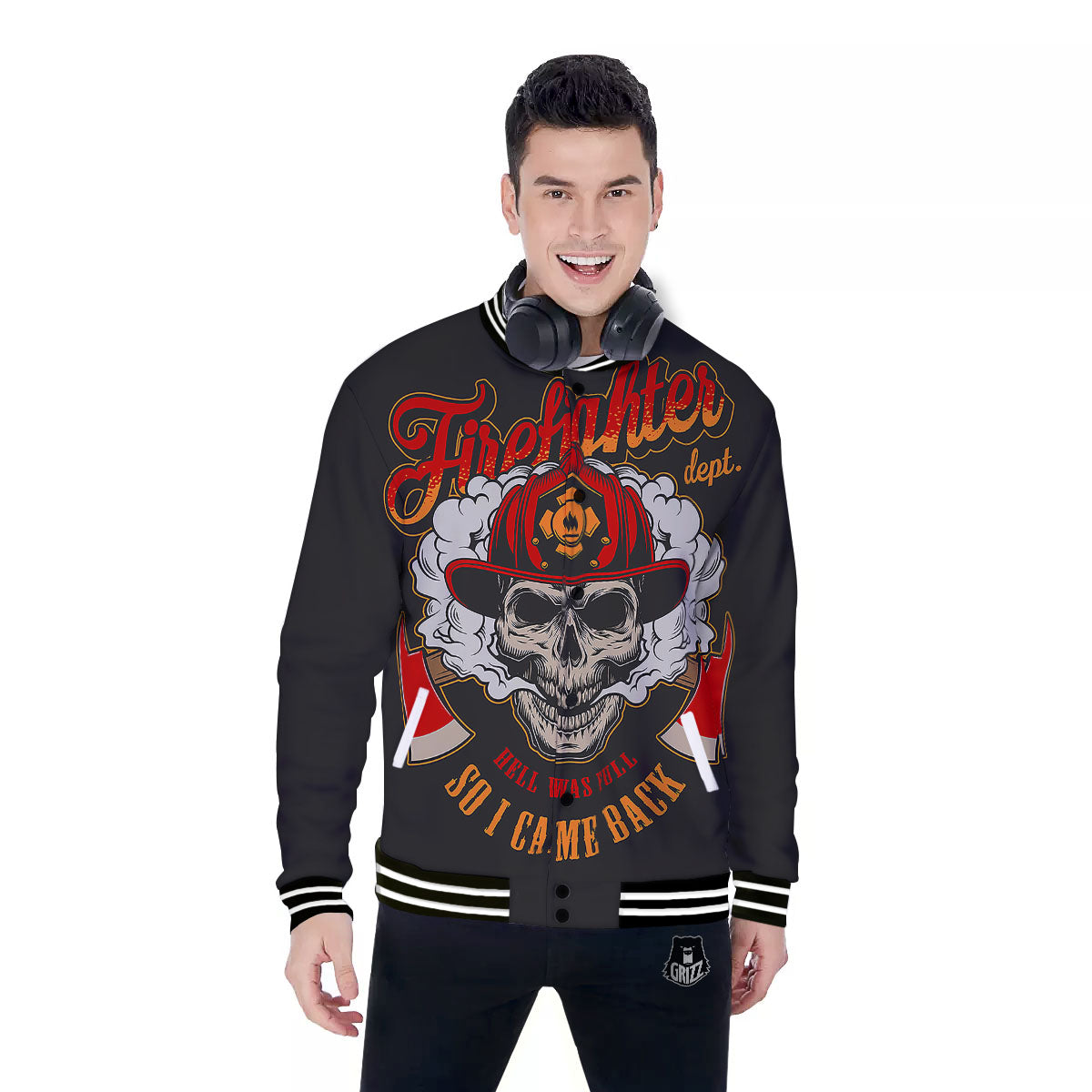 Skull Firefighter Department Print Baseball Jacket-grizzshop