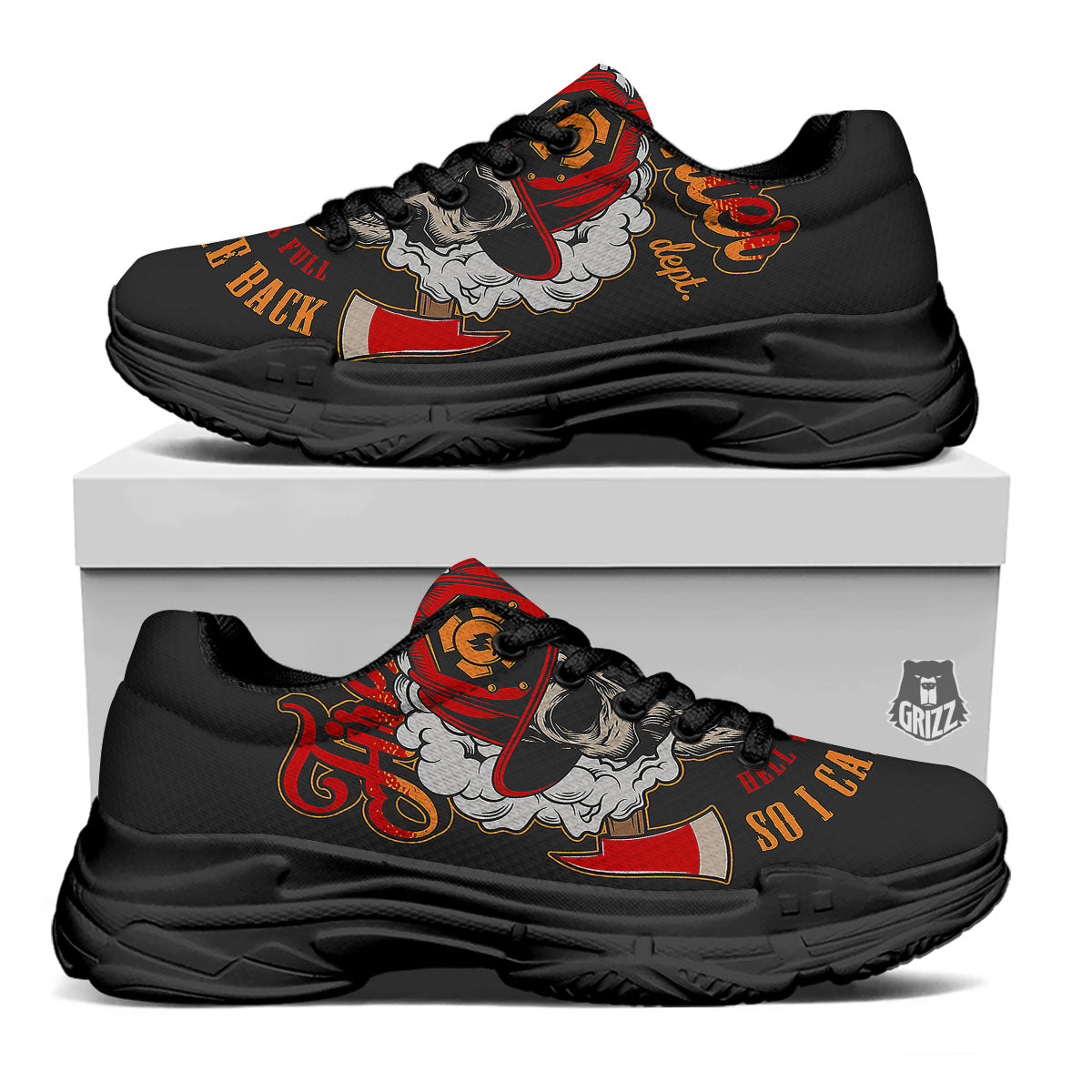 Skull Firefighter Department Print Black Chunky Shoes-grizzshop