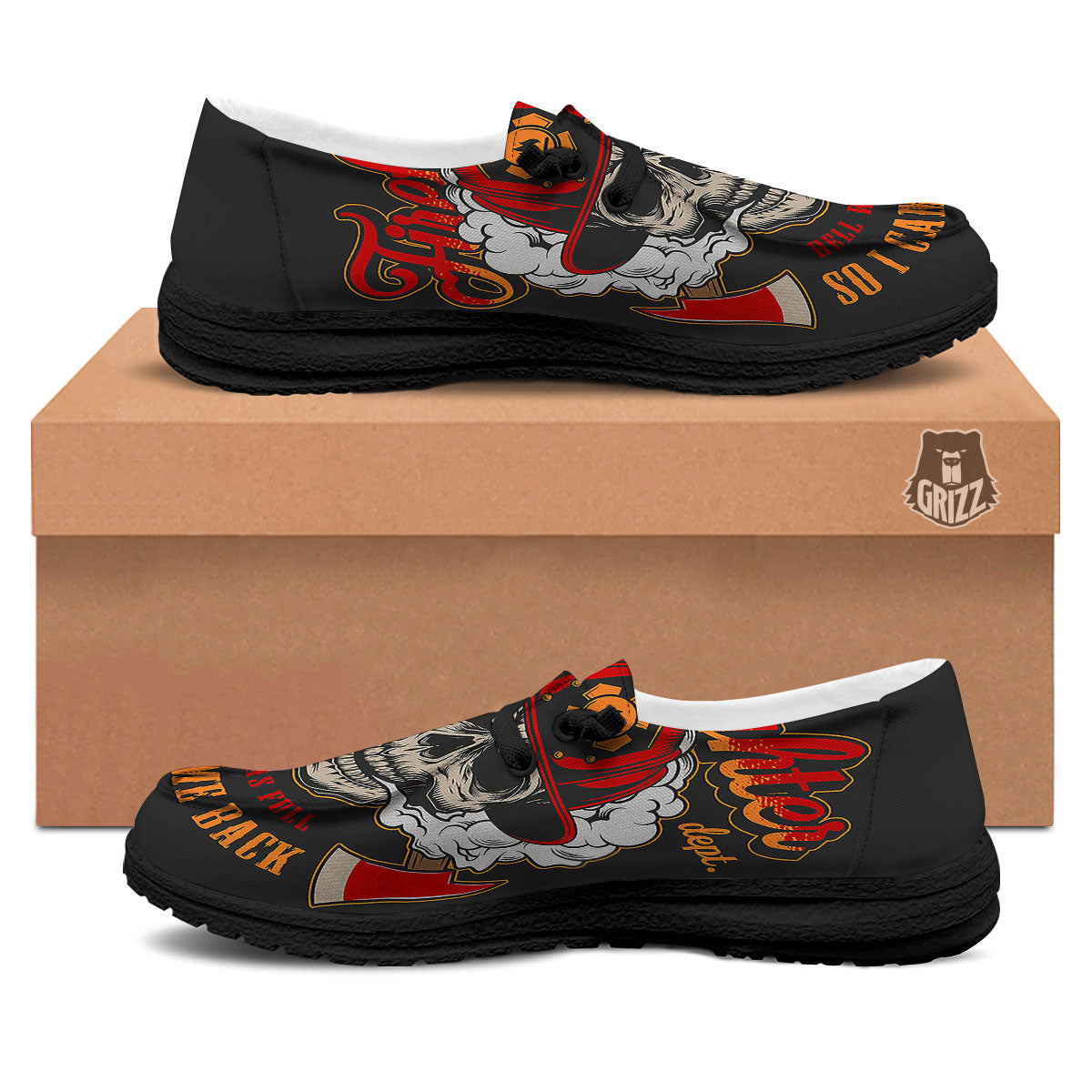 Skull Firefighter Department Print Black Loafers-grizzshop