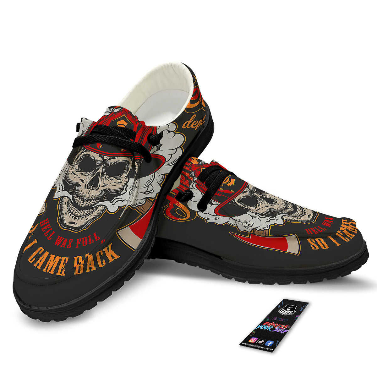 Skull Firefighter Department Print Black Loafers-grizzshop
