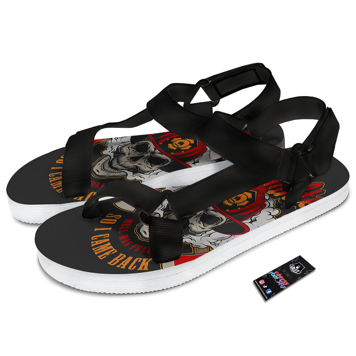 Skull Firefighter Department Print Black Open Toe Sandals-grizzshop