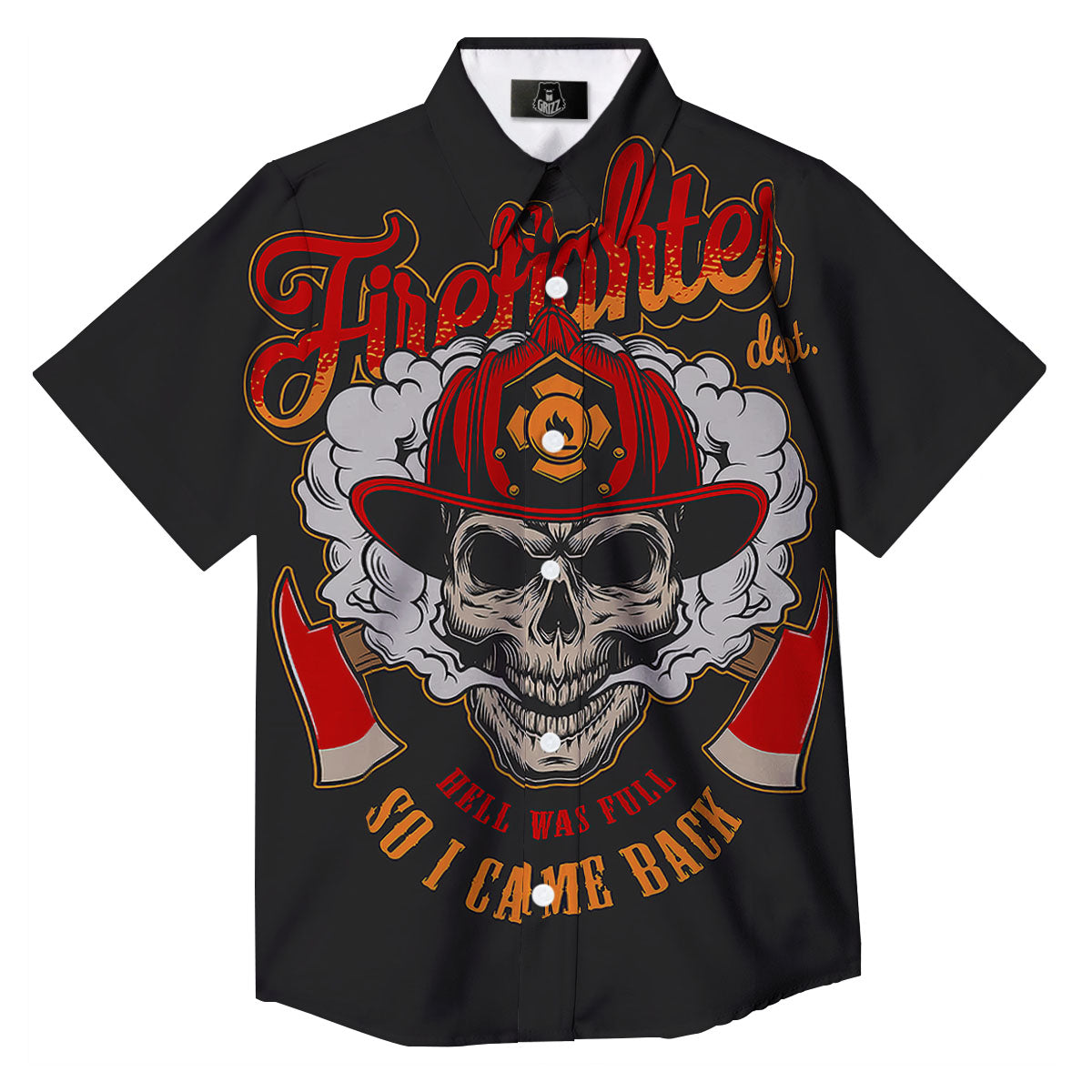 Skull Firefighter Department Print Button Up Shirt-grizzshop