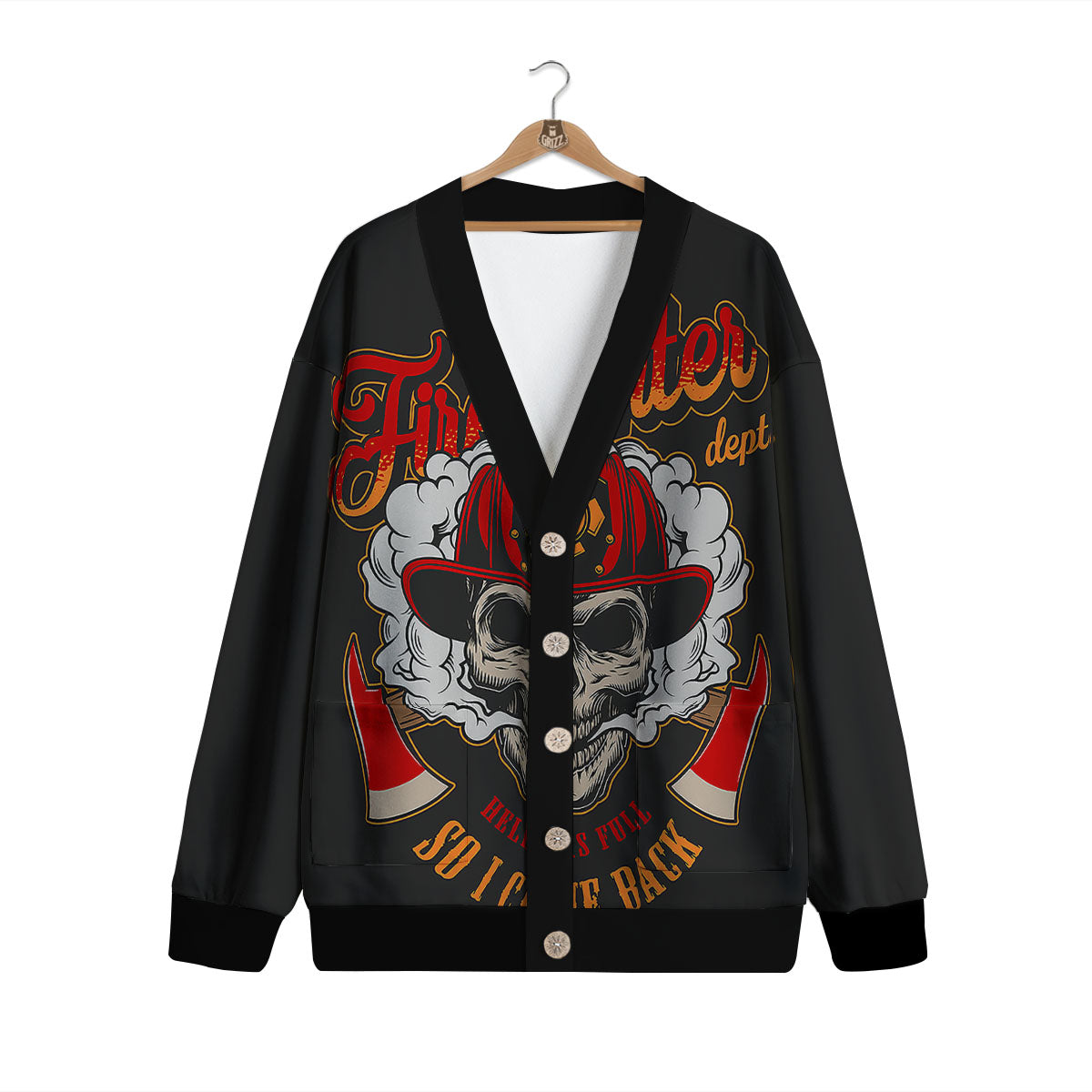 Skull Firefighter Department Print Cardigan-grizzshop