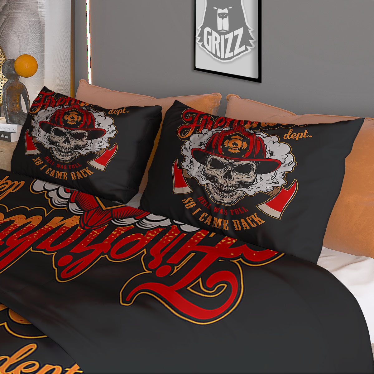 Skull Firefighter Department Print Duvet Cover Bedding Set