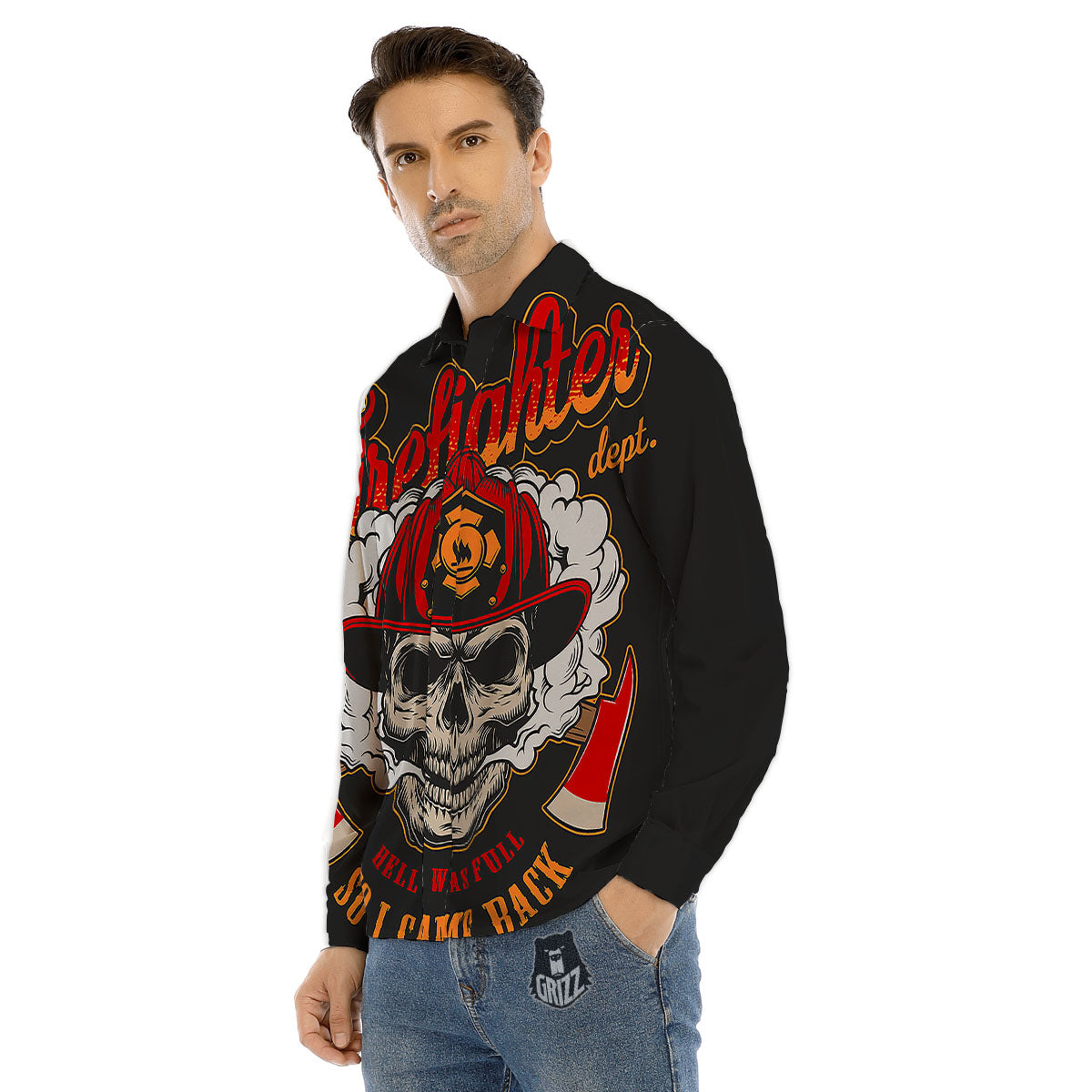 Skull Firefighter Department Print Men's Dress Shirts-grizzshop