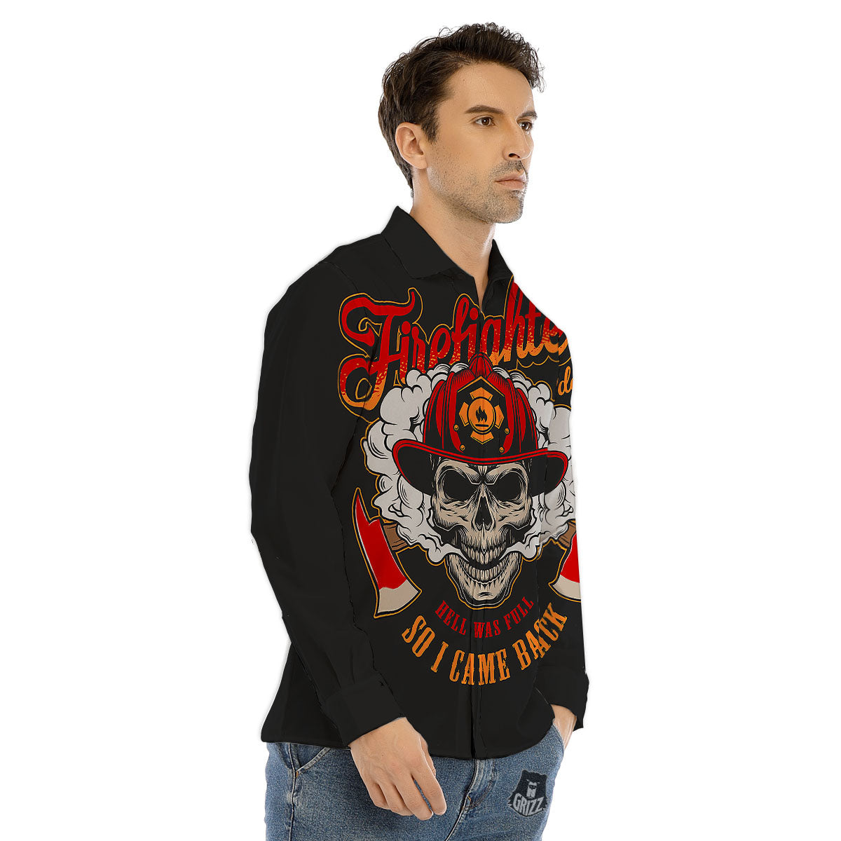 Skull Firefighter Department Print Men's Dress Shirts-grizzshop