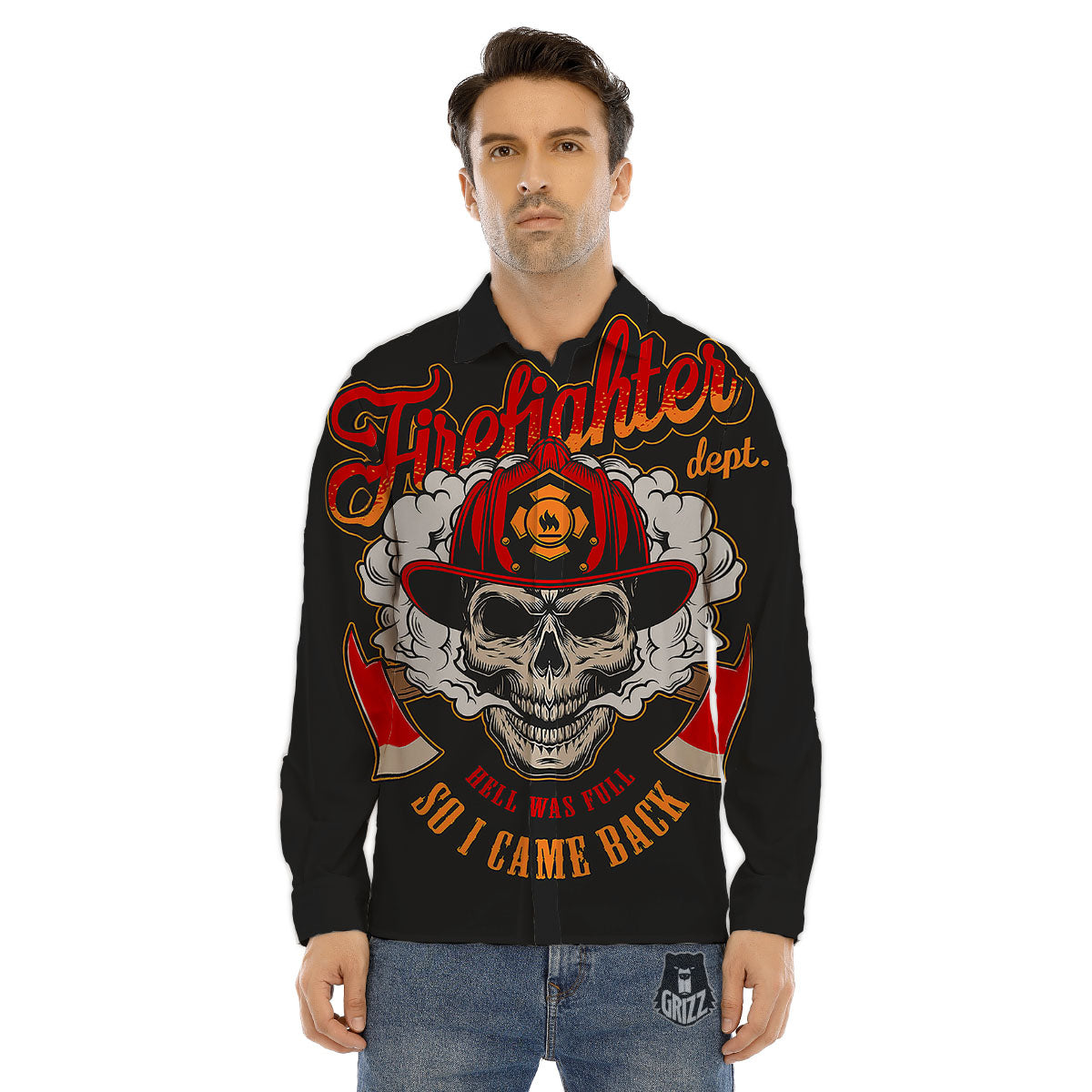 Skull Firefighter Department Print Men's Dress Shirts-grizzshop