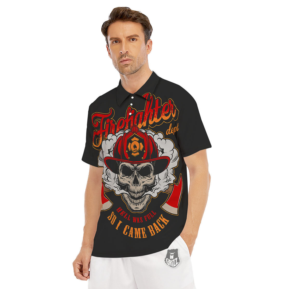 Skull Firefighter Department Print Men's Golf Shirts-grizzshop