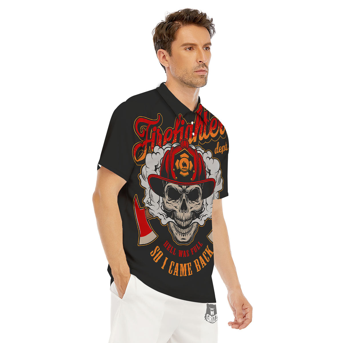 Skull Firefighter Department Print Men's Golf Shirts-grizzshop
