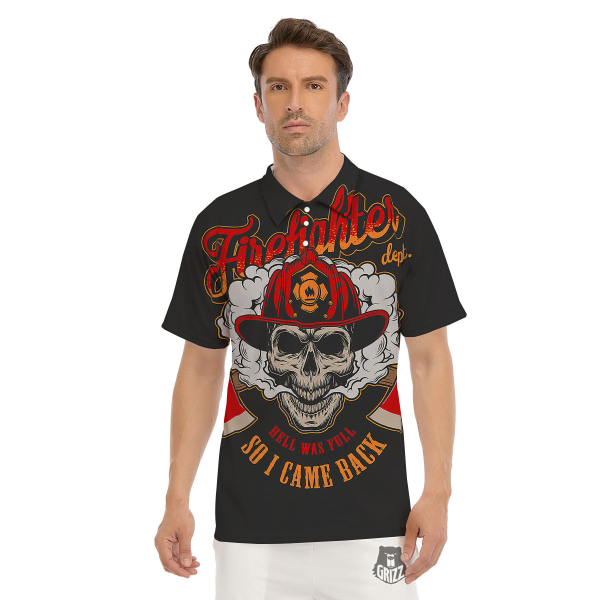 Skull Firefighter Department Print Men's Golf Shirts-grizzshop