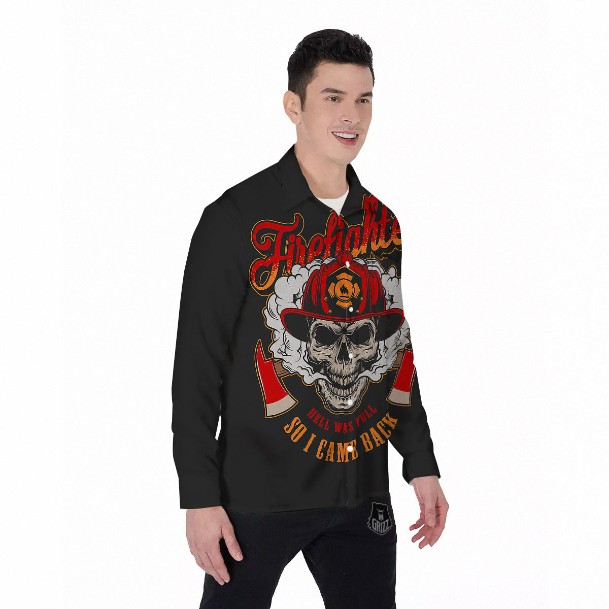 Skull Firefighter Department Print Men's Long Sleeve Shirts-grizzshop