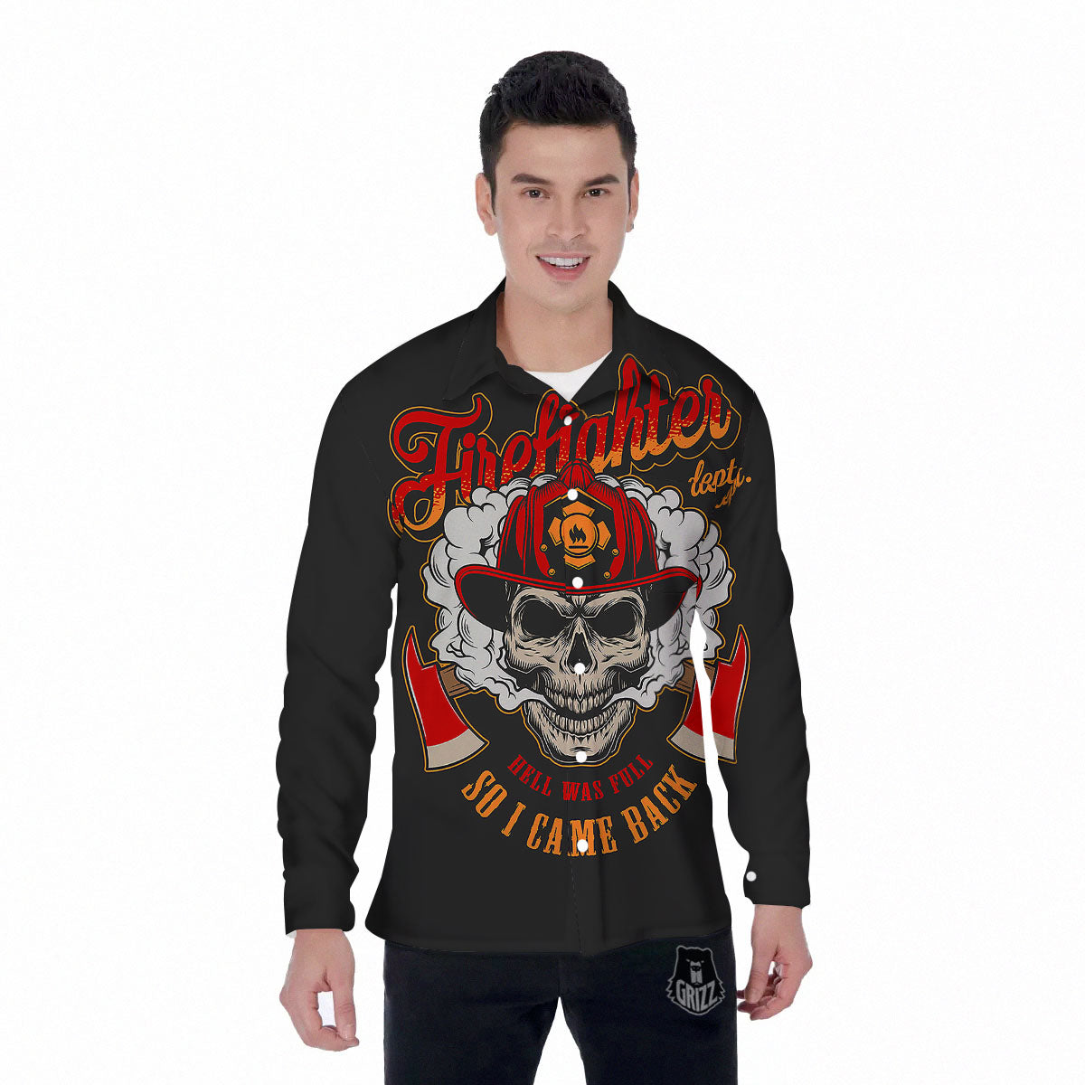 Skull Firefighter Department Print Men's Long Sleeve Shirts-grizzshop