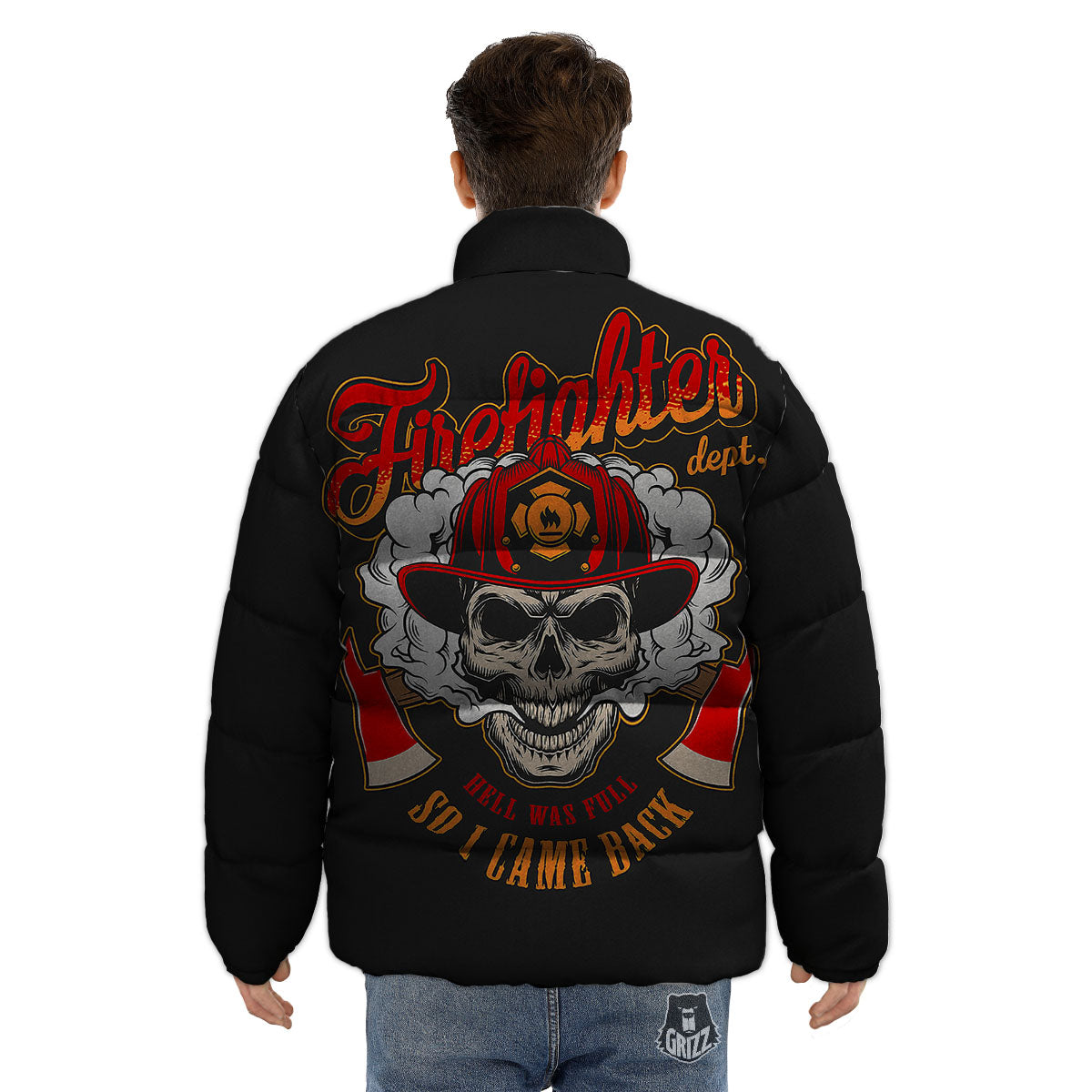 Skull Firefighter Department Print Puffer Jacket-grizzshop