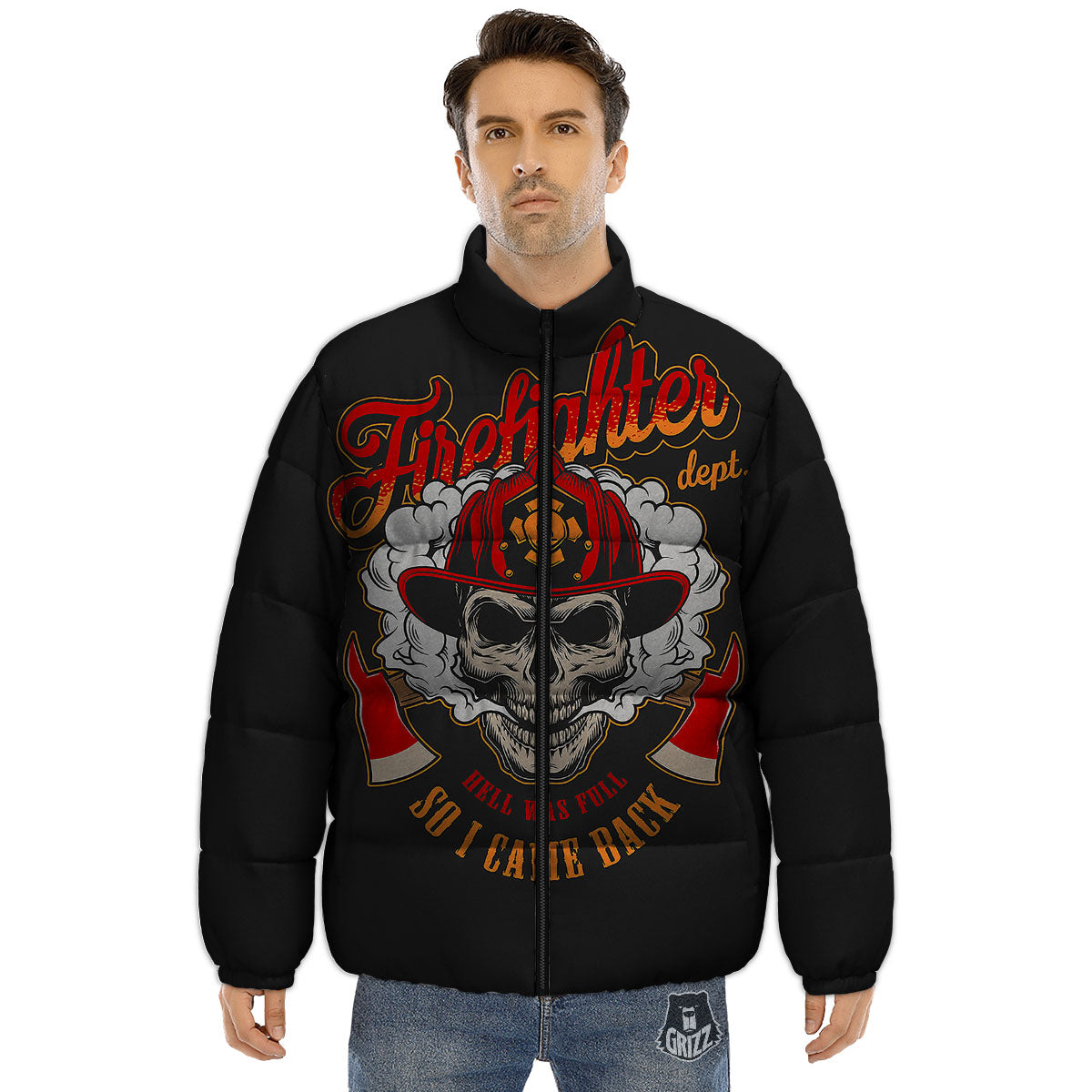 Skull Firefighter Department Print Puffer Jacket-grizzshop