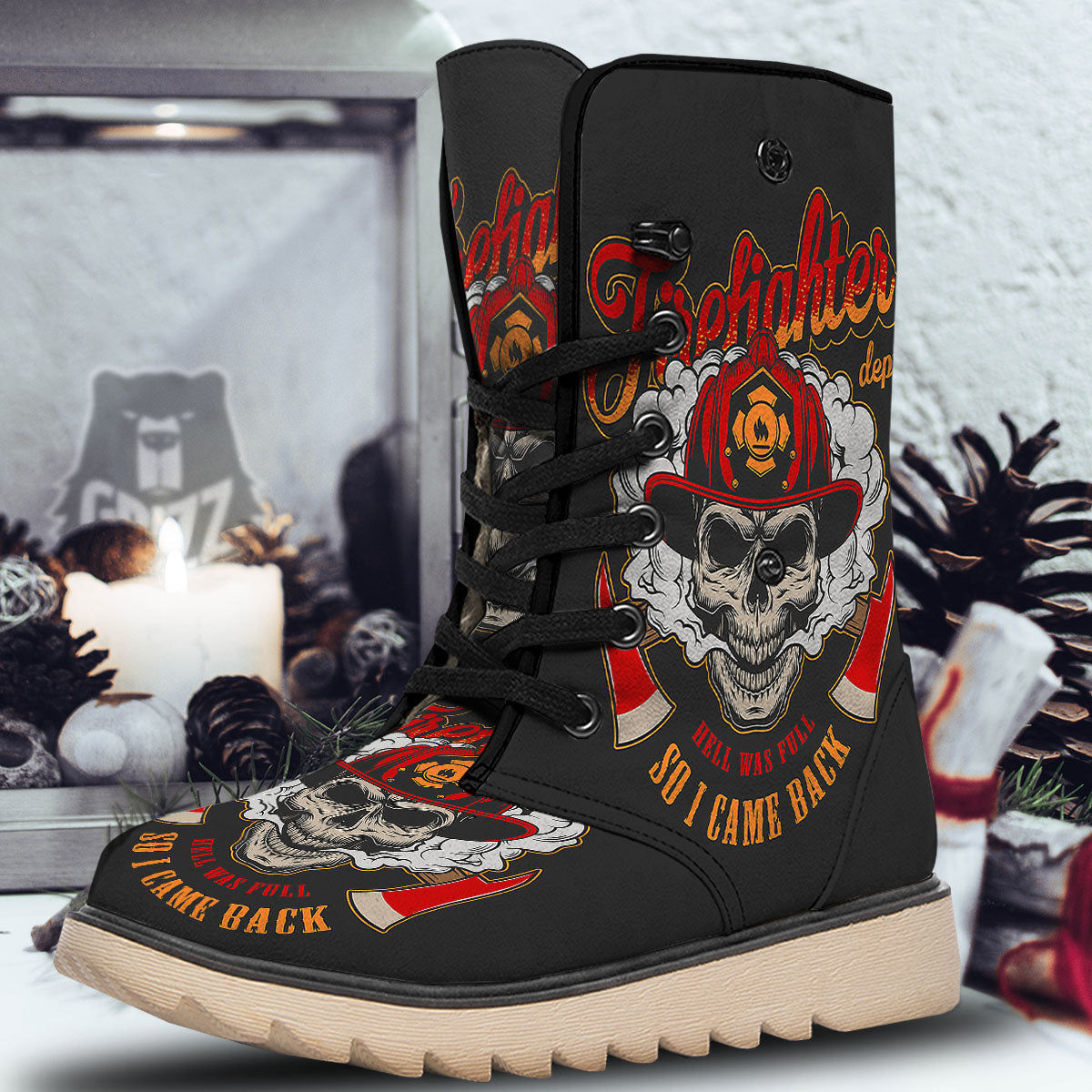 Skull Firefighter Department Print Snow Boots-grizzshop