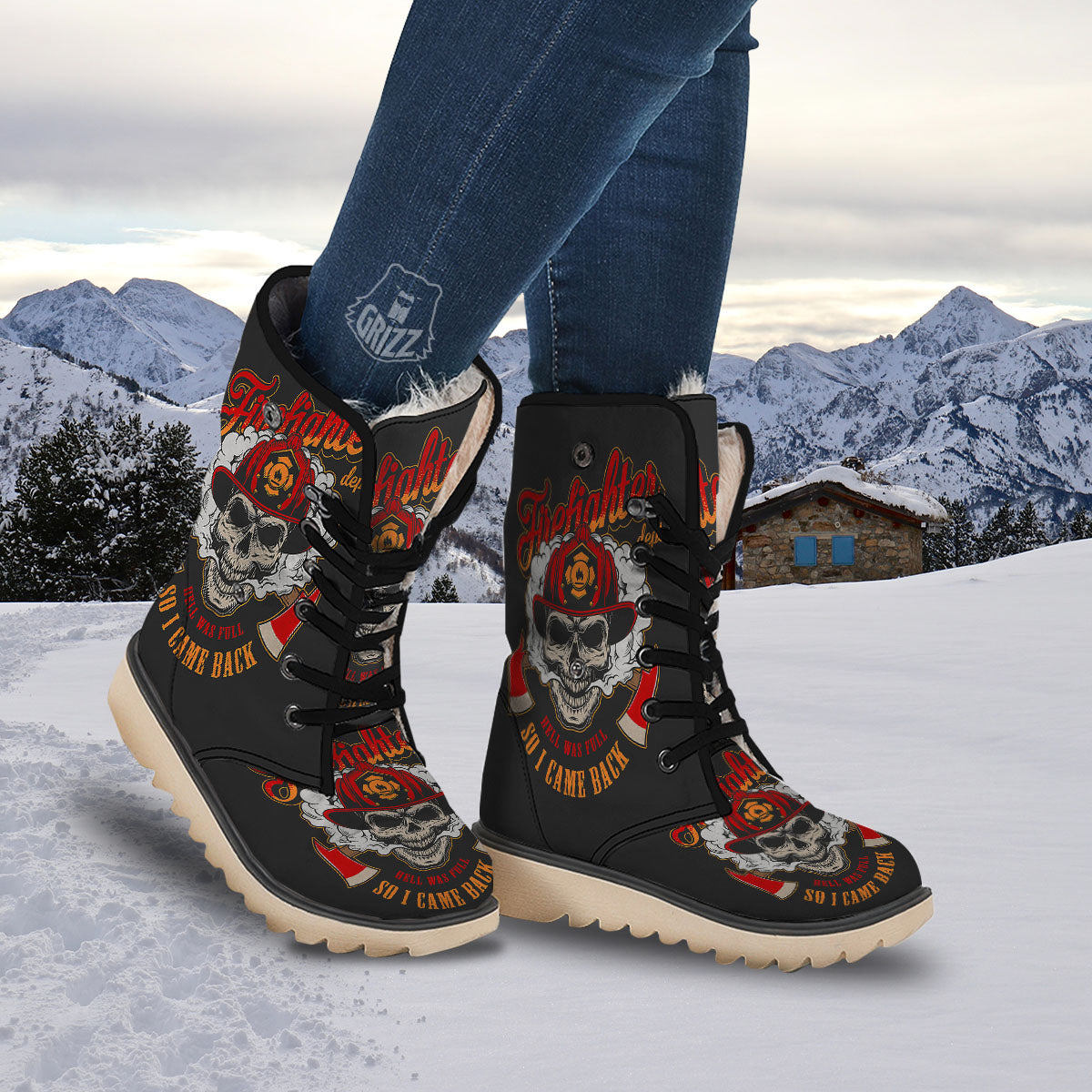 Skull Firefighter Department Print Snow Boots-grizzshop