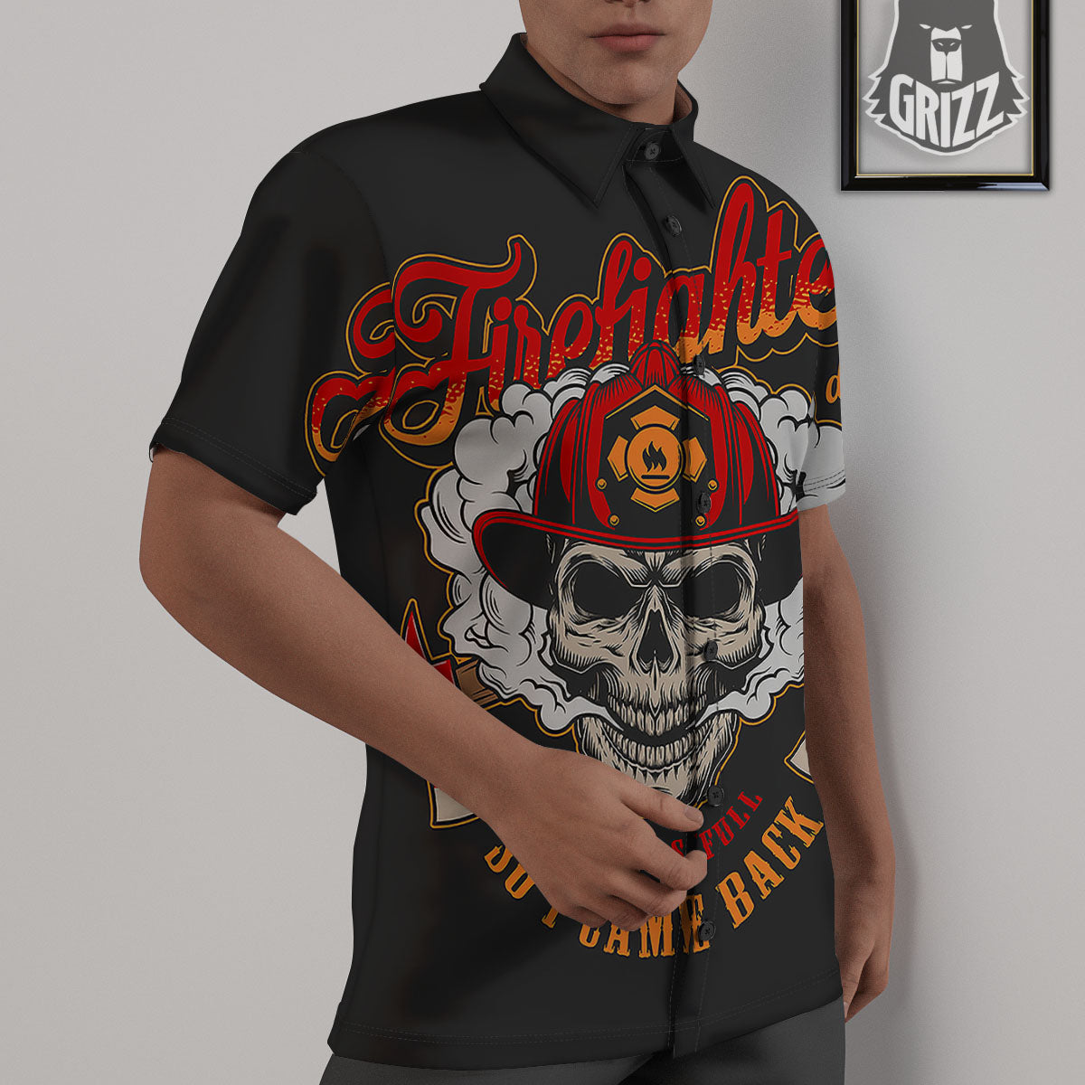 Skull Firefighter Department Print Untucked Shirts-grizzshop