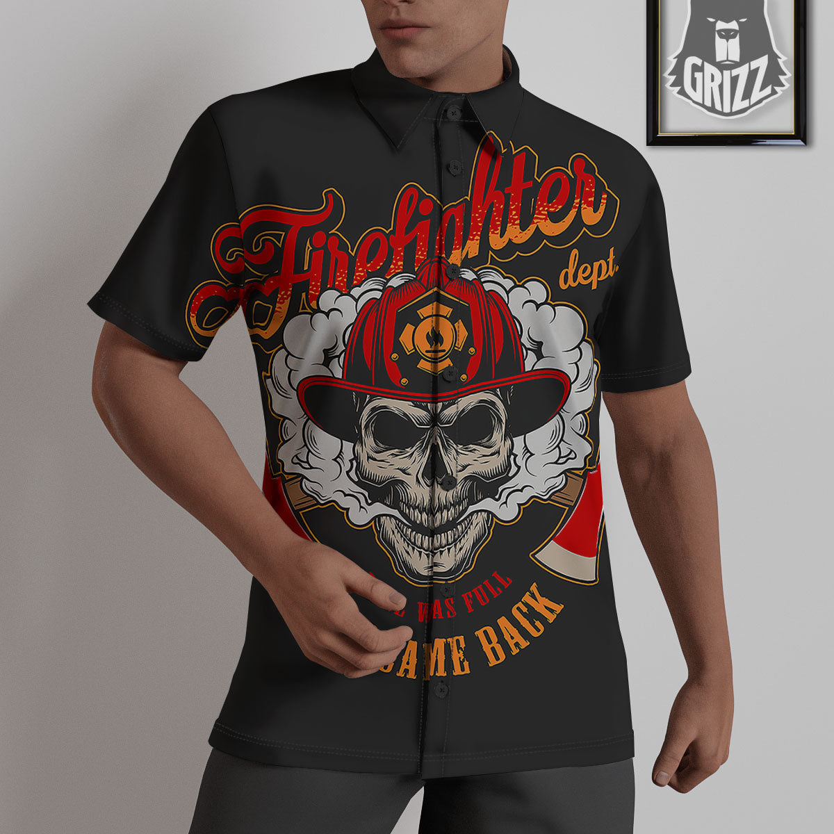 Skull Firefighter Department Print Untucked Shirts-grizzshop