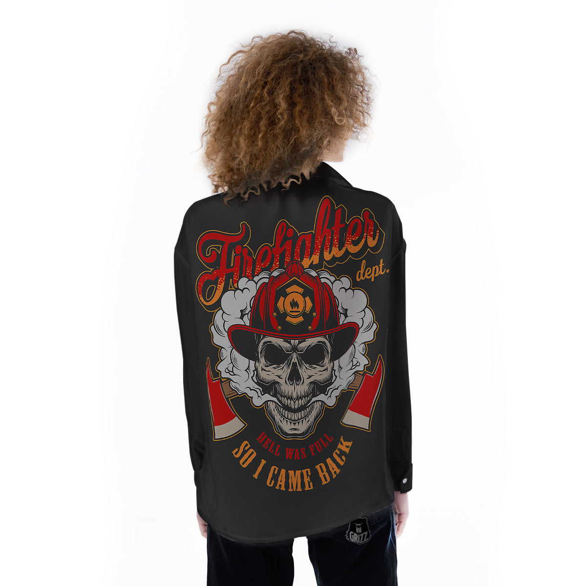 Skull Firefighter Department Print Women's Long Sleeve Shirts-grizzshop