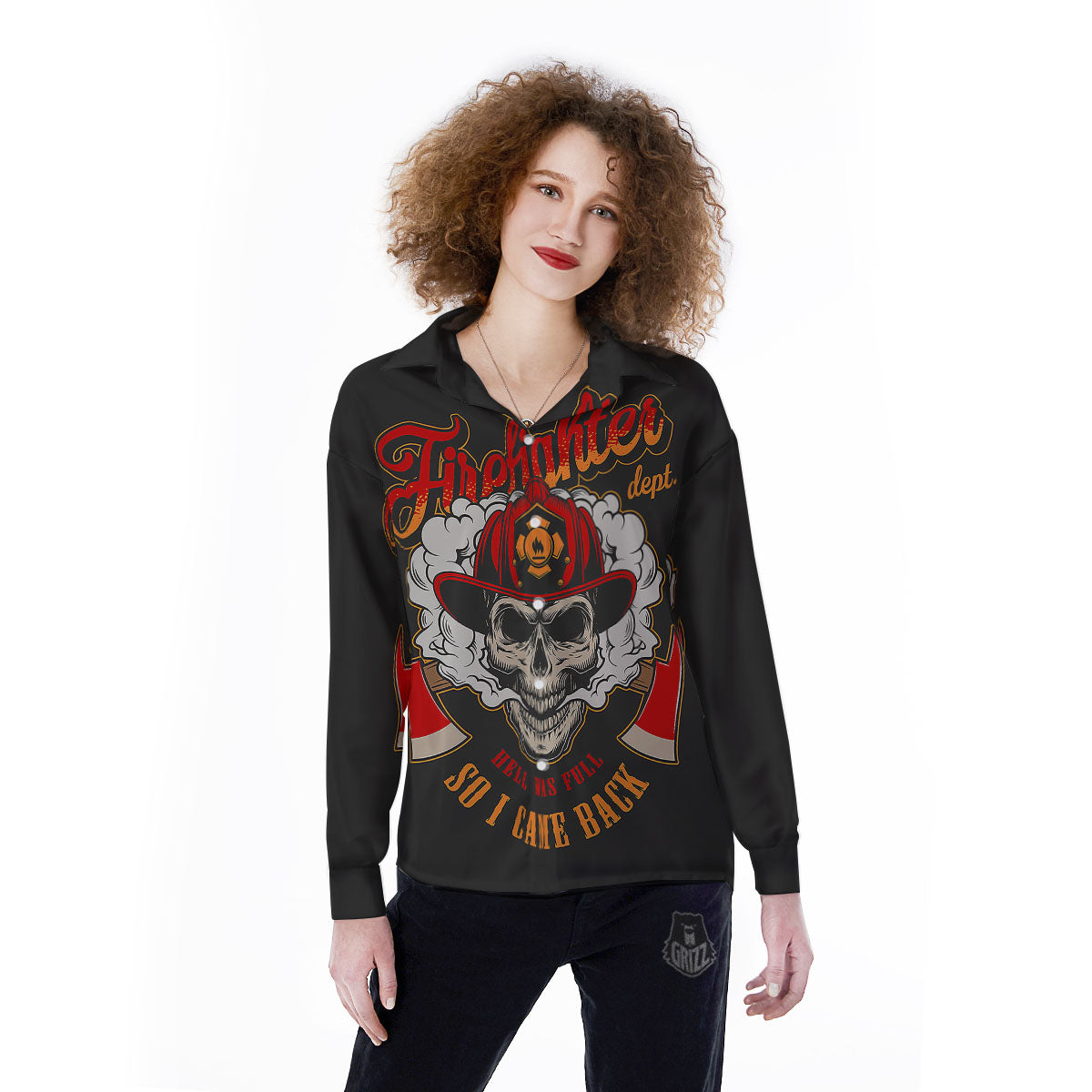 Skull Firefighter Department Print Women's Long Sleeve Shirts-grizzshop