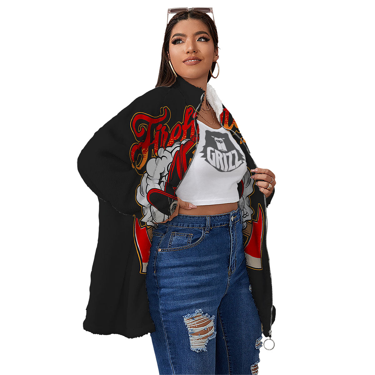 Skull Firefighter Department Print Women's Sherpa Jacket-grizzshop
