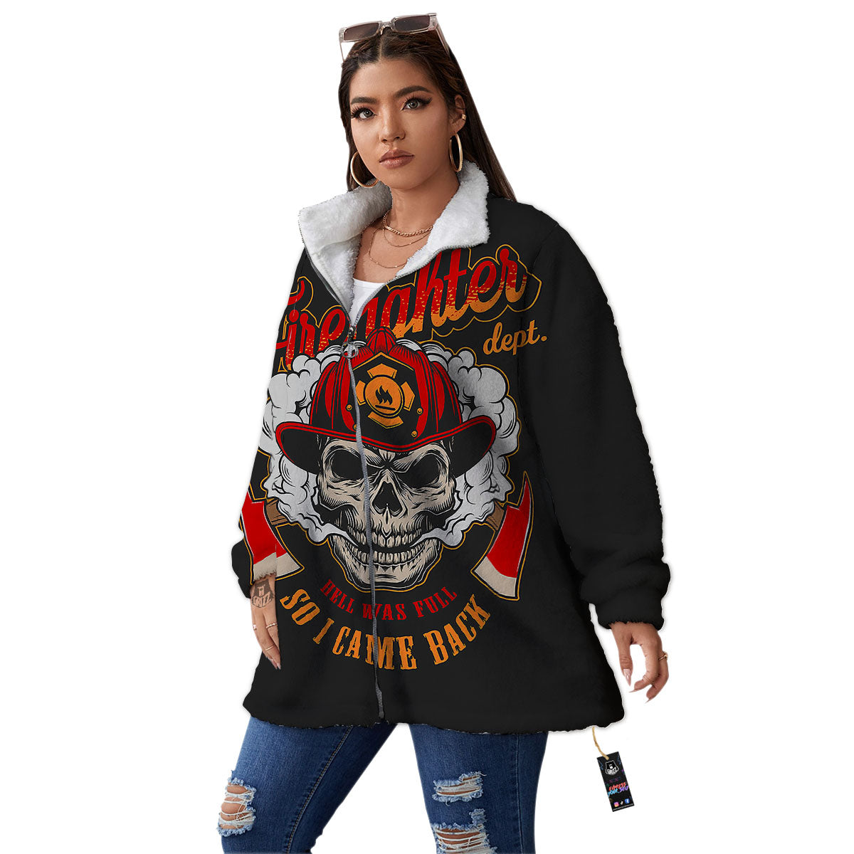 Skull Firefighter Department Print Women's Sherpa Jacket-grizzshop